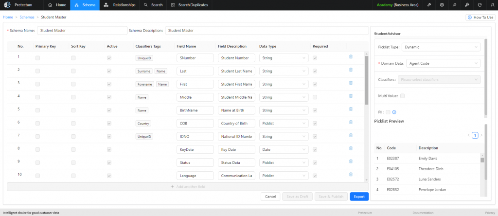 Schema screenshot of a student record setup