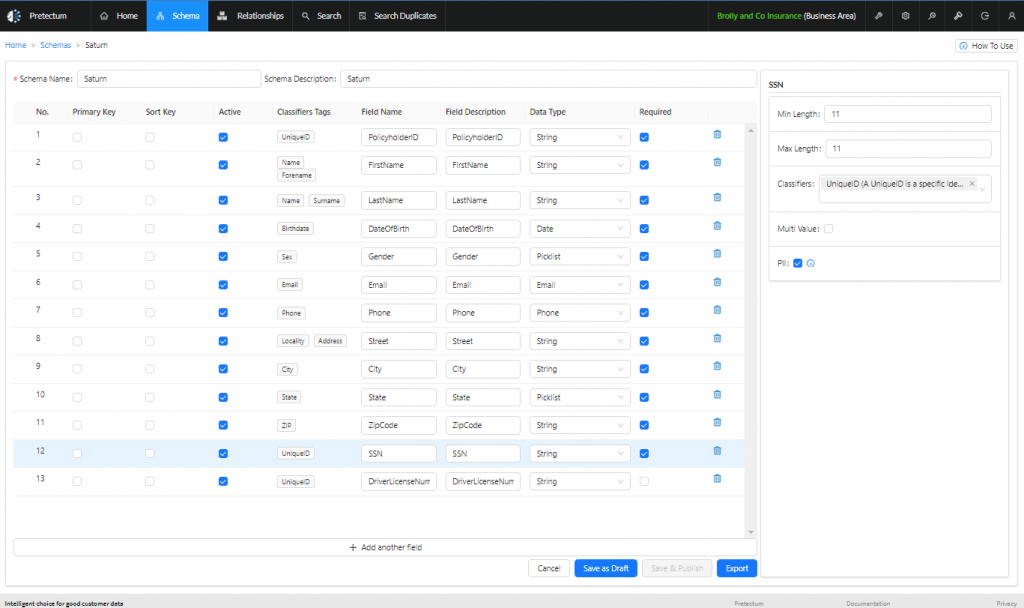 Core Insurance Screenshot Schema Definition