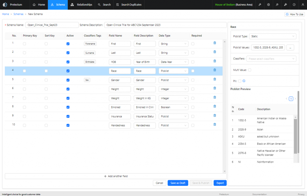 Screenshot of a patient or trials candidate participant record schema including details that relate to race, gender, height, weight, insurance and handedness.